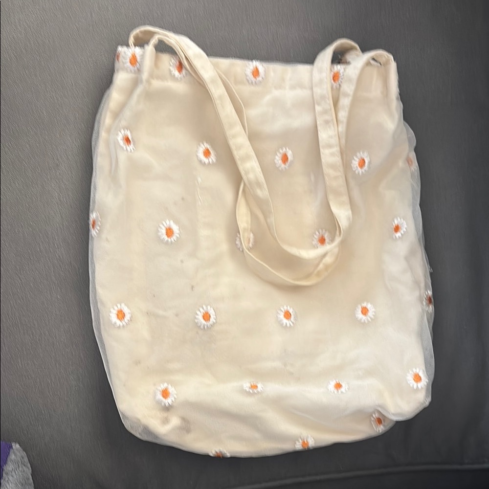 Cream Floral Embroidered Tote Bag